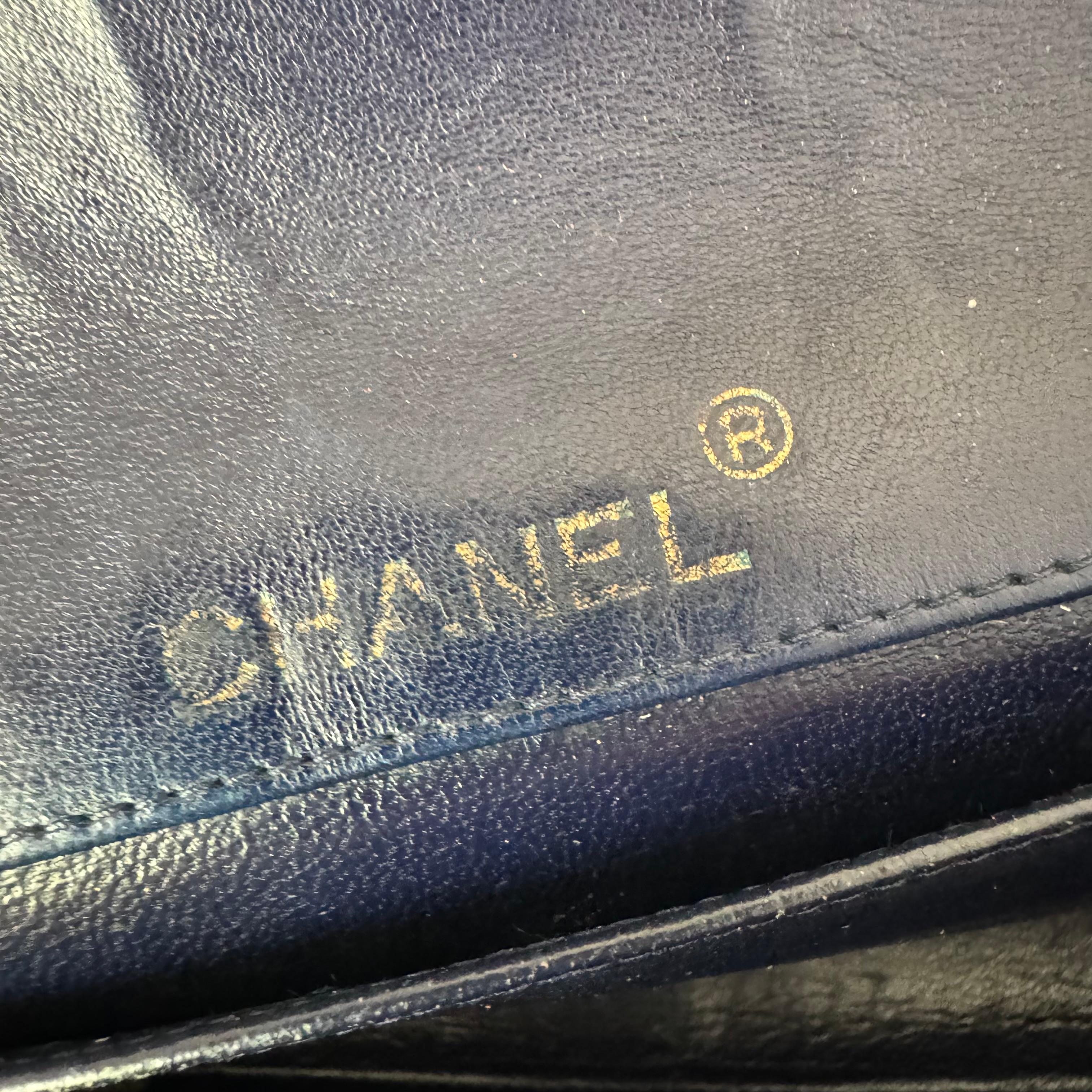 Chanel Vintage Classic Flap Mini Navy Lambskin Mega CC Logo 24k Gold HW, 1989-19 For Sale 5