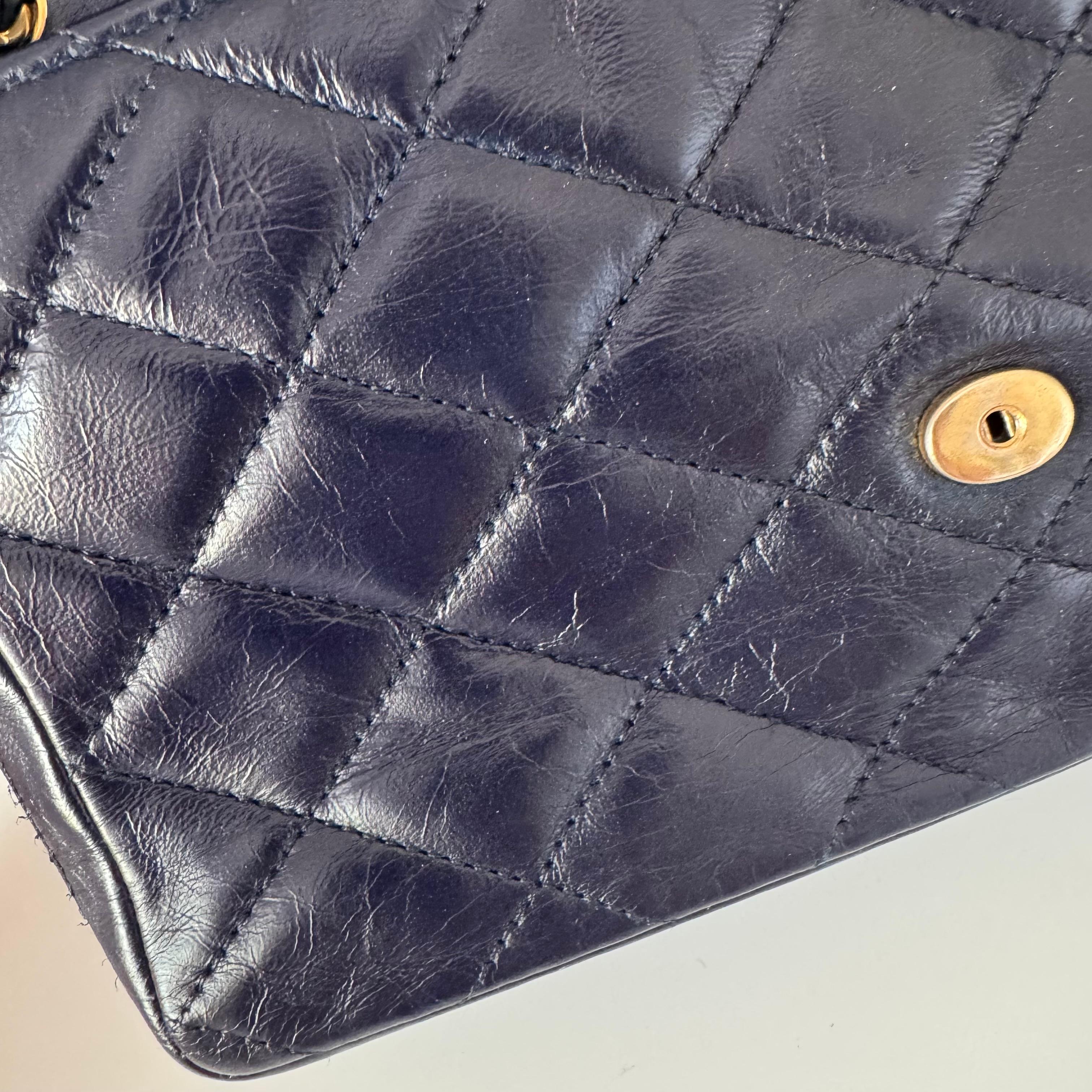 Chanel Vintage Classic Flap Mini Navy Lambskin Mega CC Logo 24k Gold HW, 1989-19 For Sale 6