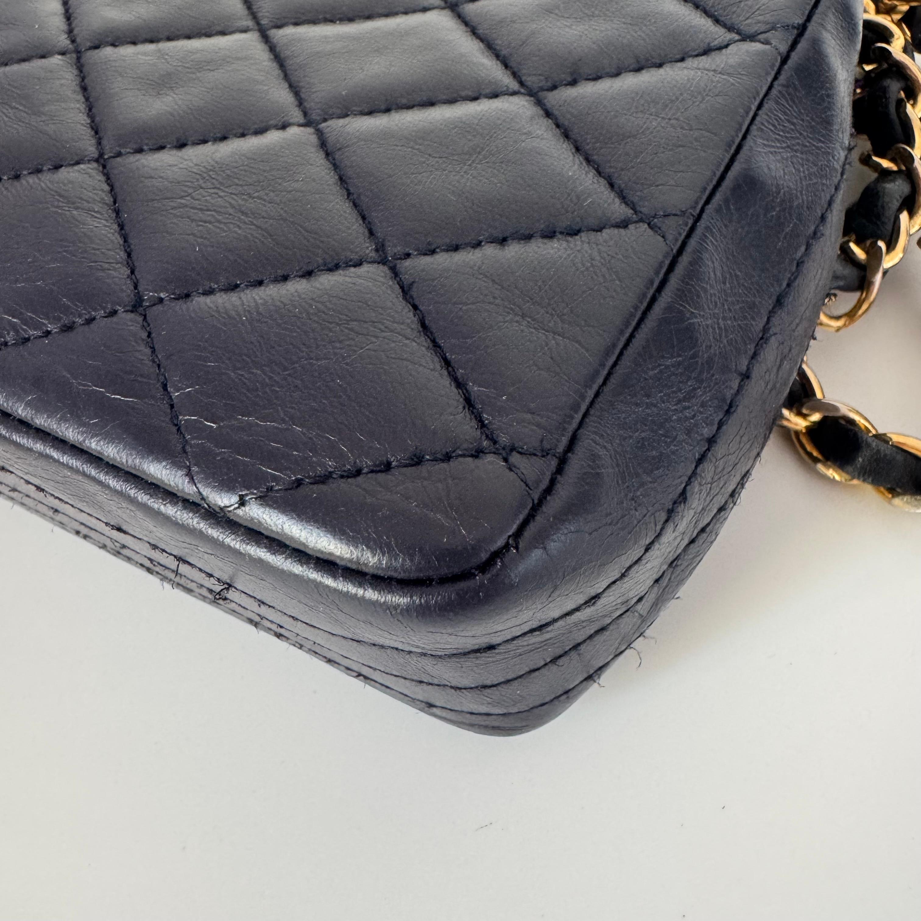 Chanel Vintage Classic Flap Mini Navy Lambskin Mega CC Logo 24k Gold HW, 1989-19 For Sale 7