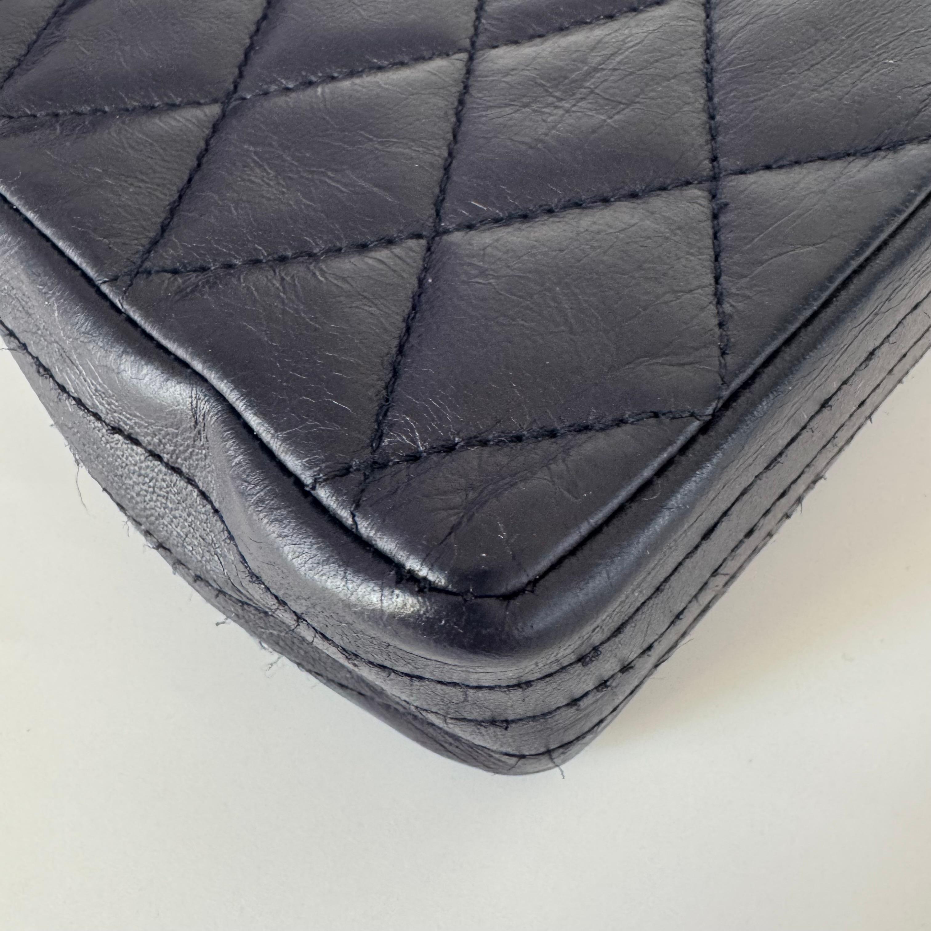 Chanel Vintage Classic Flap Mini Navy Lambskin Mega CC Logo 24k Gold HW, 1989-19 For Sale 8