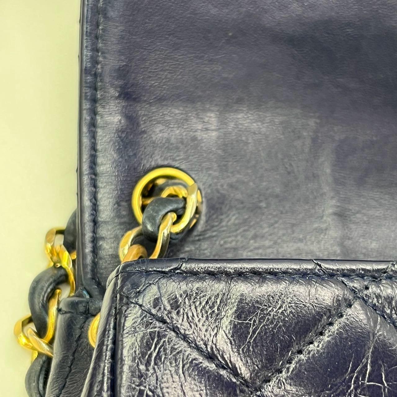 Chanel Vintage Classic Flap Mini Navy Lambskin Mega CC Logo 24k Gold HW, 1989-19 For Sale 14
