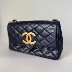Chanel Vintage Classic Flap Mini Navy Lambskin Mega CC Logo 24k Gold HW, 1989-19