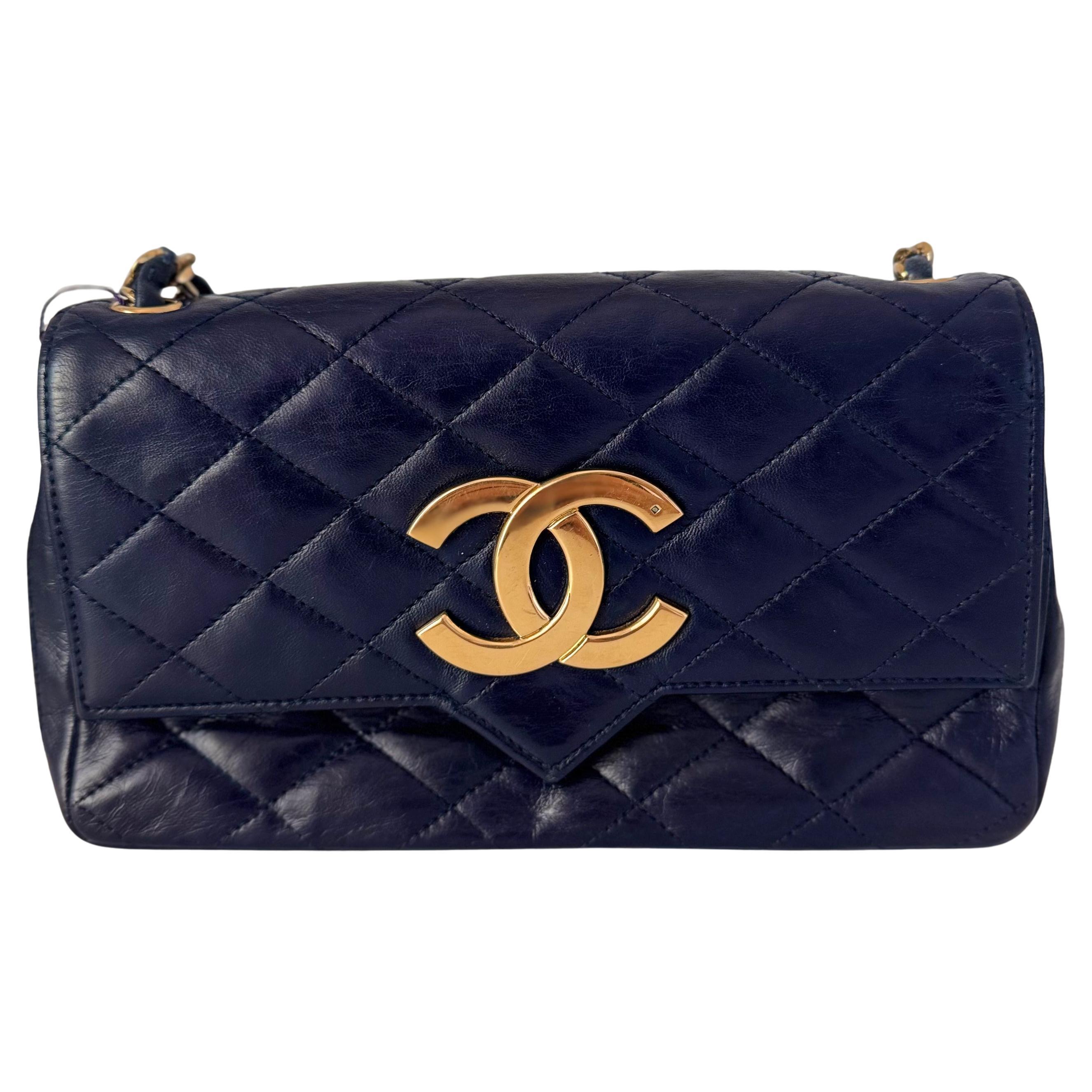 Chanel Vintage Classic Flap Mini Navy Lambskin Mega CC Logo 24k Gold HW, 1989-19 For Sale