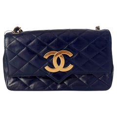 Chanel Vintage Classic Flap Mini Navy Lambskin Mega CC Logo 24k Gold HW, 1989-19