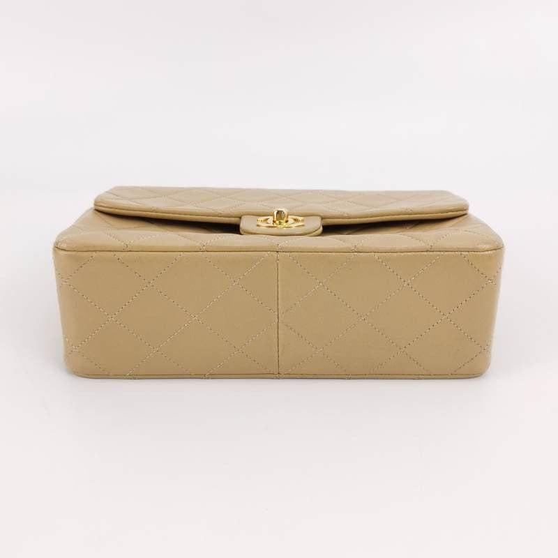 Brown Chanel Vintage Classic Flap Mini Square Beige Lambskin 24k Gold HW, 1989-1991