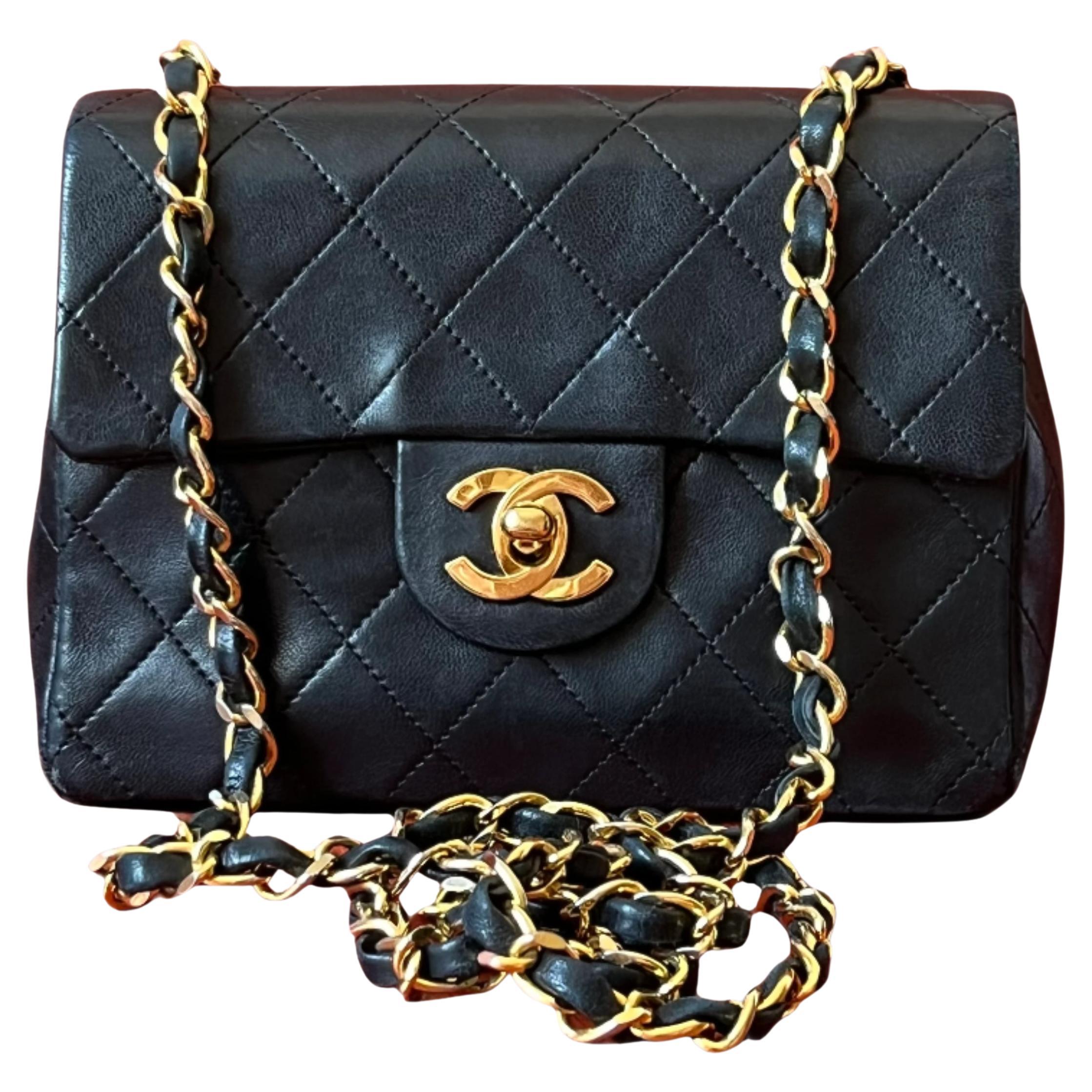 Chanel Vintage Classic Flap Mini Square Black Lambskin 24k Gold HW, 1989-1991 For Sale