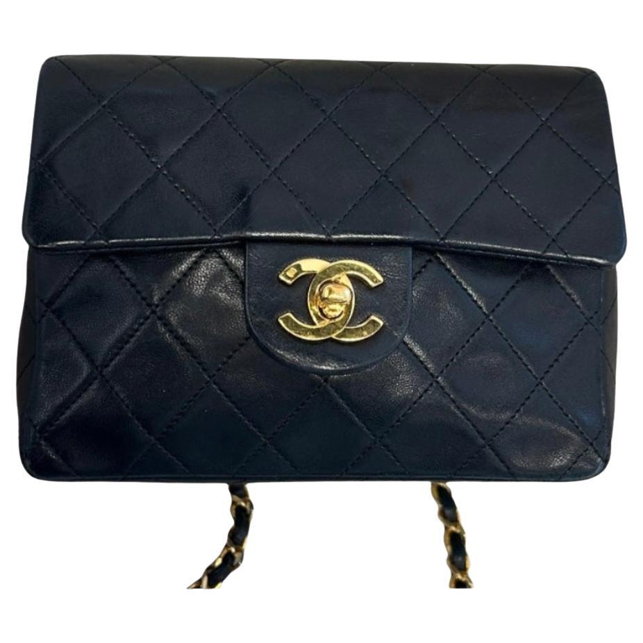 Chanel Vintage Classic Flap Mini Square Black Lambskin 24k Gold HW, 1989-1991 For Sale
