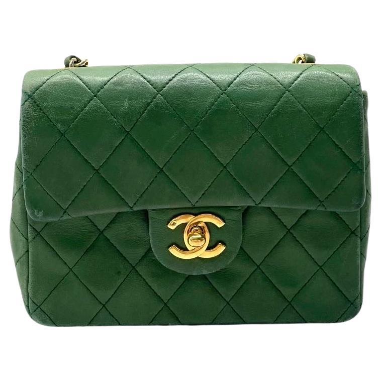 Chanel Vintage Classic Flap Mini Square Green Lambskin 24k Gold HW, 1989-1991
