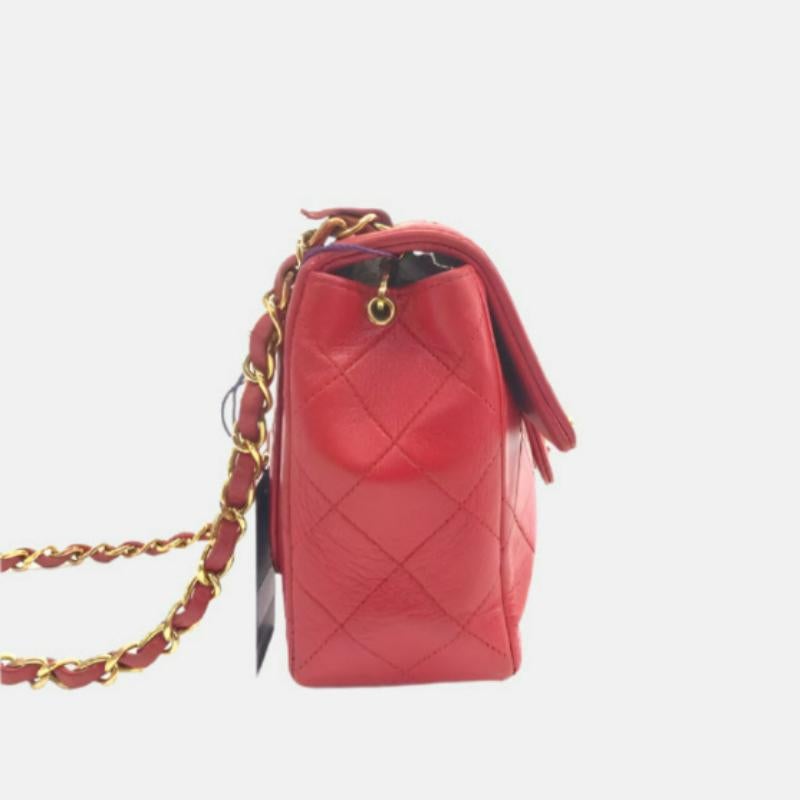 Pink Chanel Vintage Classic Flap Mini Square Red Lambskin 24k Gold HW, 1989-1991 For Sale