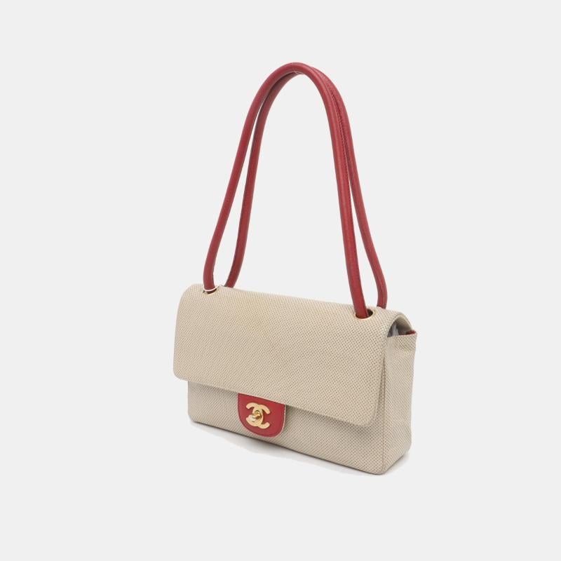 Beige Chanel Vintage Classic Flap Perforated Leather and Leather Strap Bag, 2000-2002