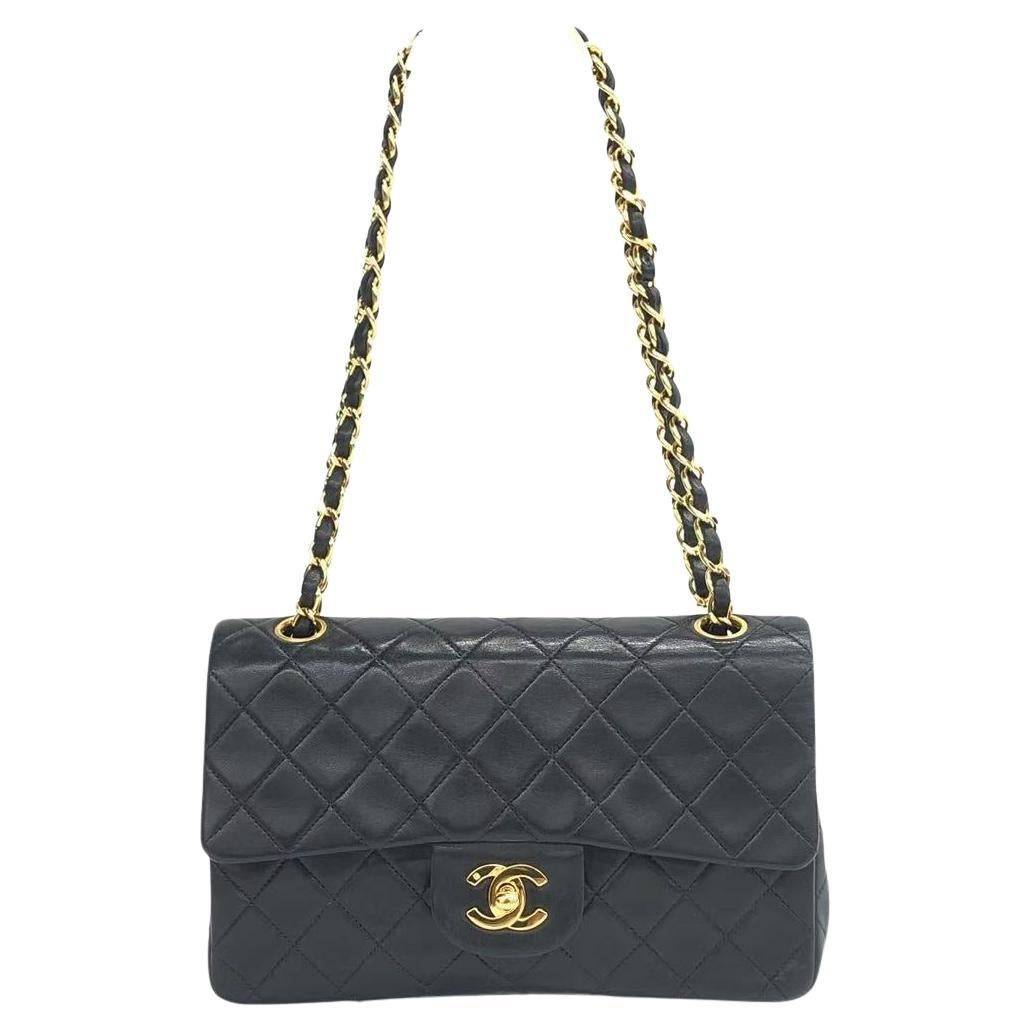 Chanel Vintage Classic Flap Small Black Lambskin Leather 24k Gold PlatedHardware For Sale