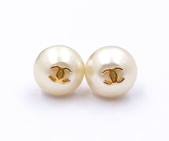 Chanel Vintage Classic Gold Plated CC Faux Pearl Stud Piercing Earrings