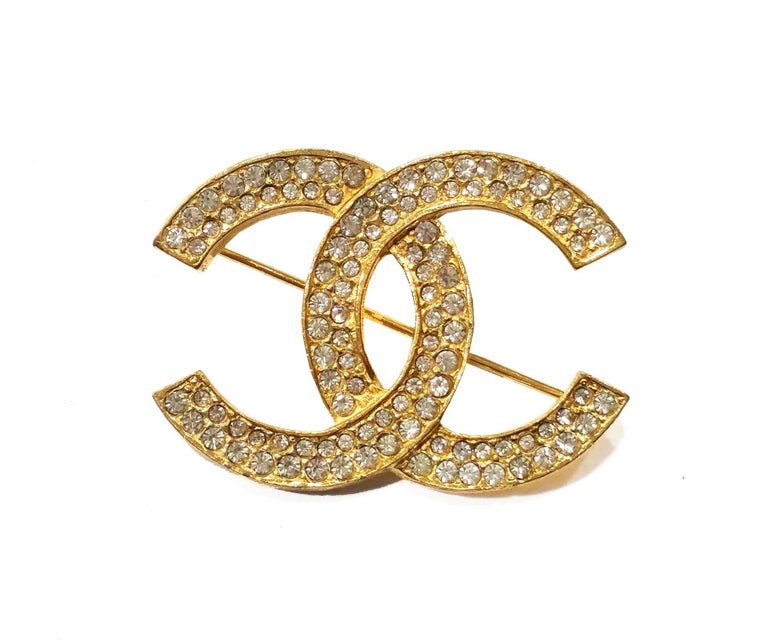 Chanel Vintage Classic Gold Plated CC Silver Crystal Brooch For