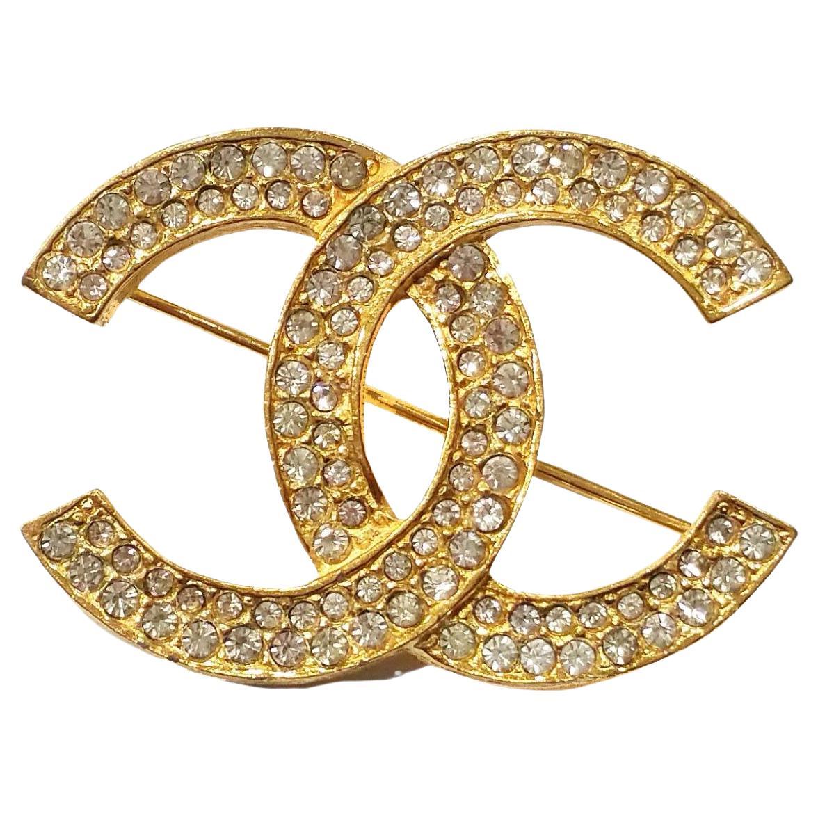 Chanel Vintage Classic Gold Plated CC Silver Crystal Brooch