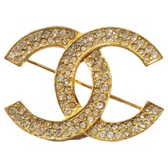 Chanel Retro Classic Gold Plated CC Silver Crystal Brooch