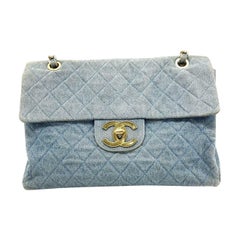 Chanel Vintage Classic Maxi 34 Flap Blue Jeans Denim Giant CC 24 Gold Hardware