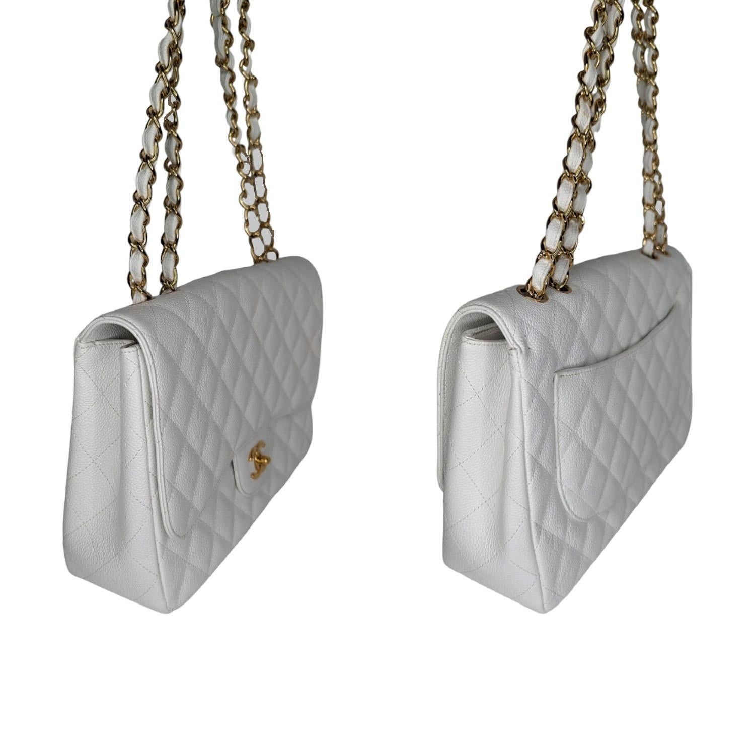 Women's Chanel Vintage Classic Quilted Caviar Single White Jumbo Flap