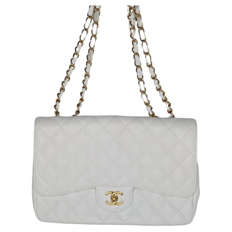 Chanel Vintage Classic Quilted Caviar Single White Jumbo Flap For