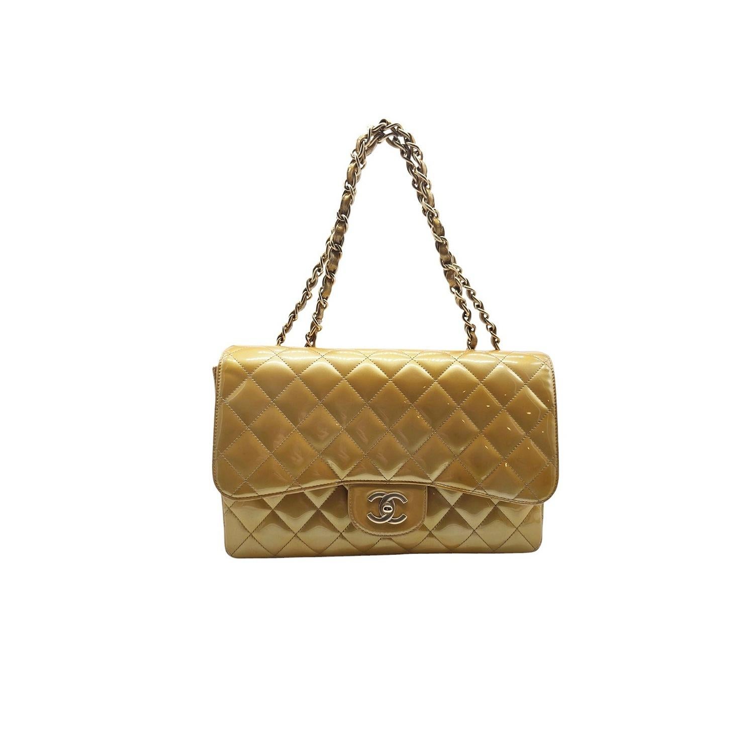 Brown Chanel Vintage Classic Quilted Patent Single Jumbo Flap Bag For Sale