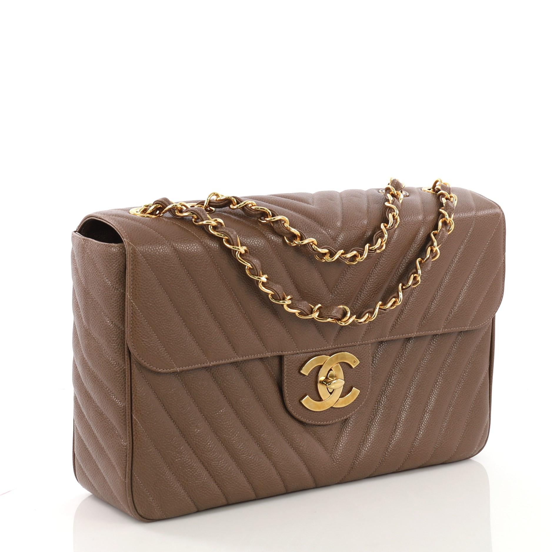 Brown Chanel Vintage Classic Single Flap Bag Chevron Caviar Maxi