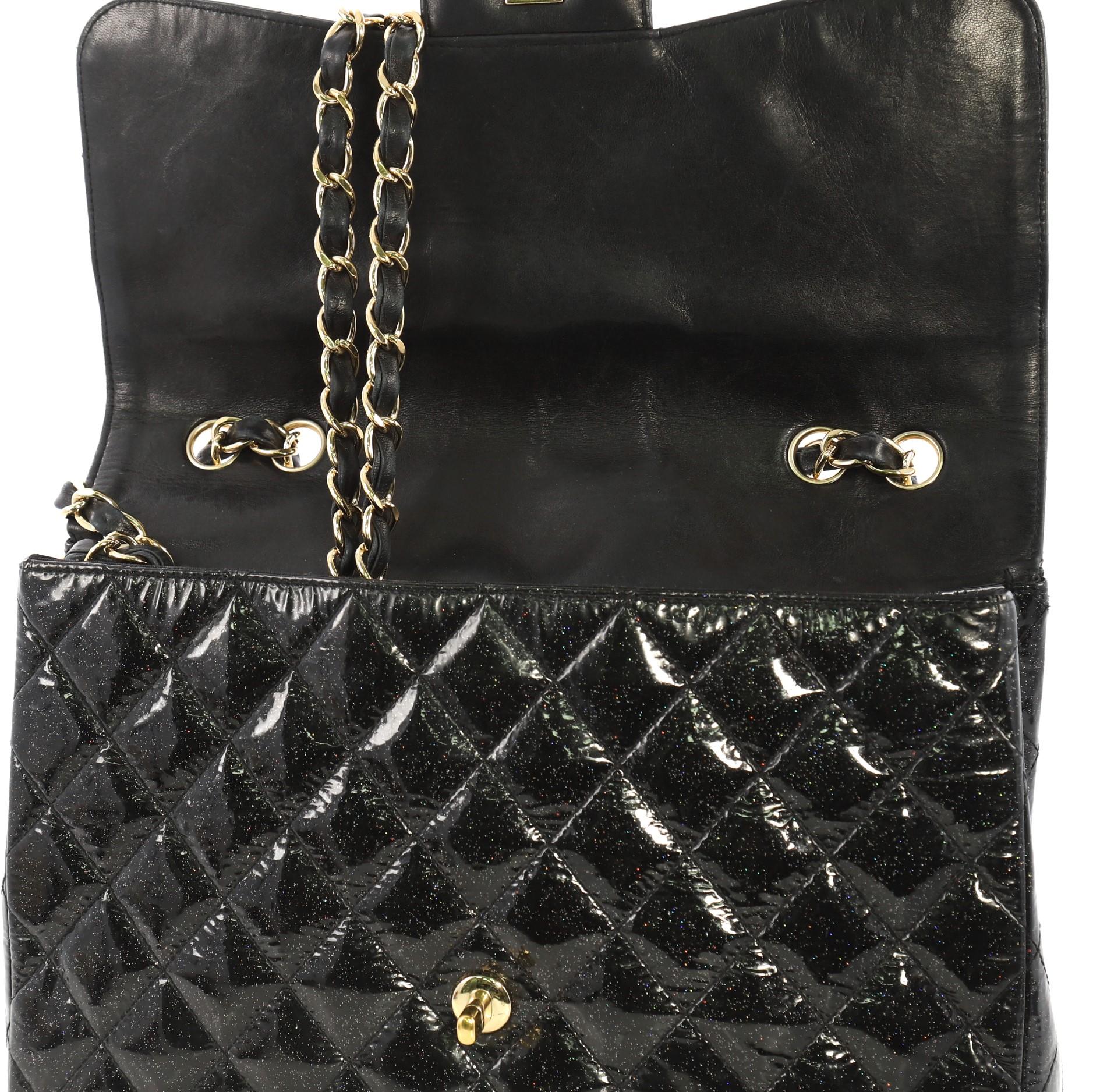 Black Chanel Vintage Classic Single Flap Bag Quilted Glitter Patent Jumbo