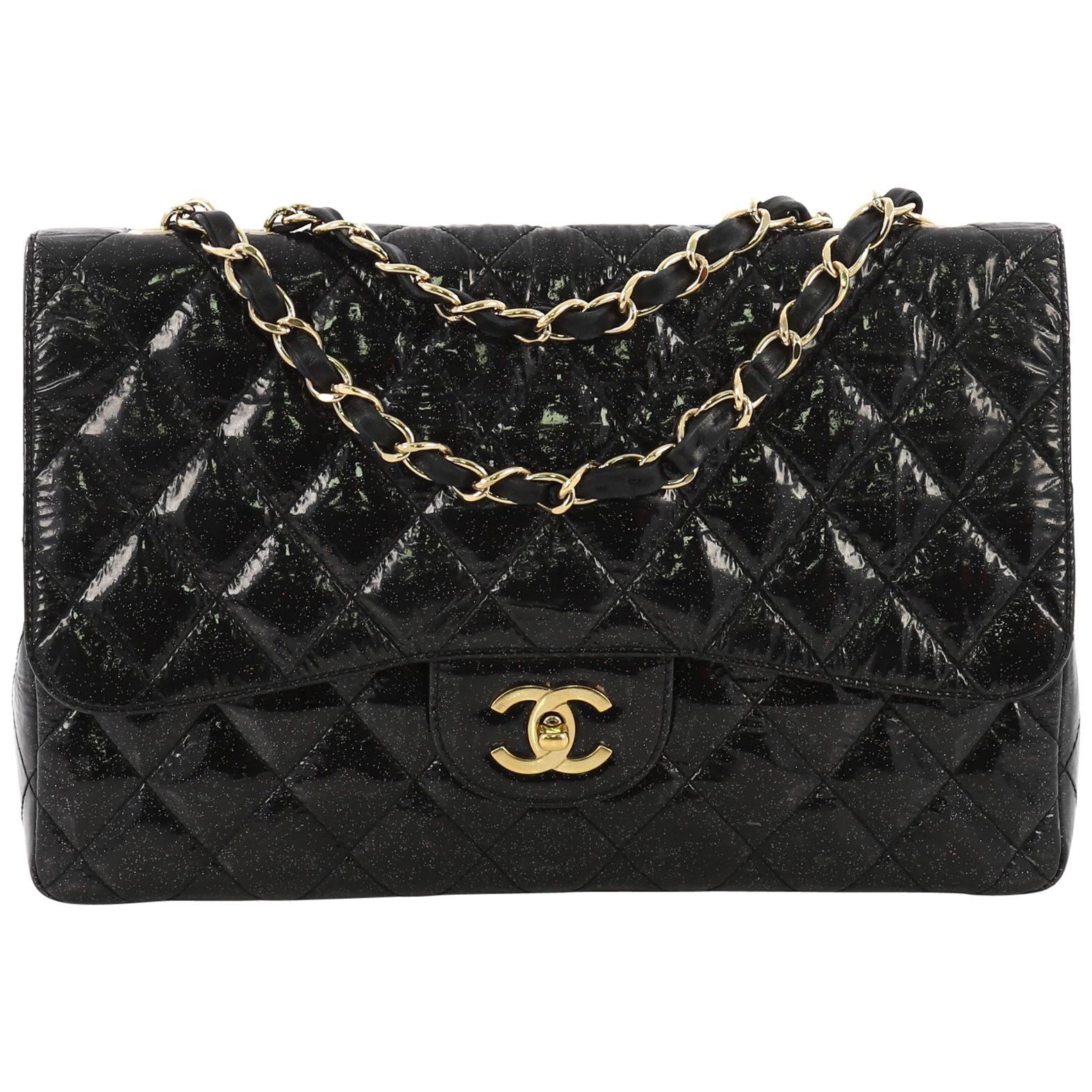Chanel Vintage Classic Single Flap Bag Quilted Glitter Patent Jumbo