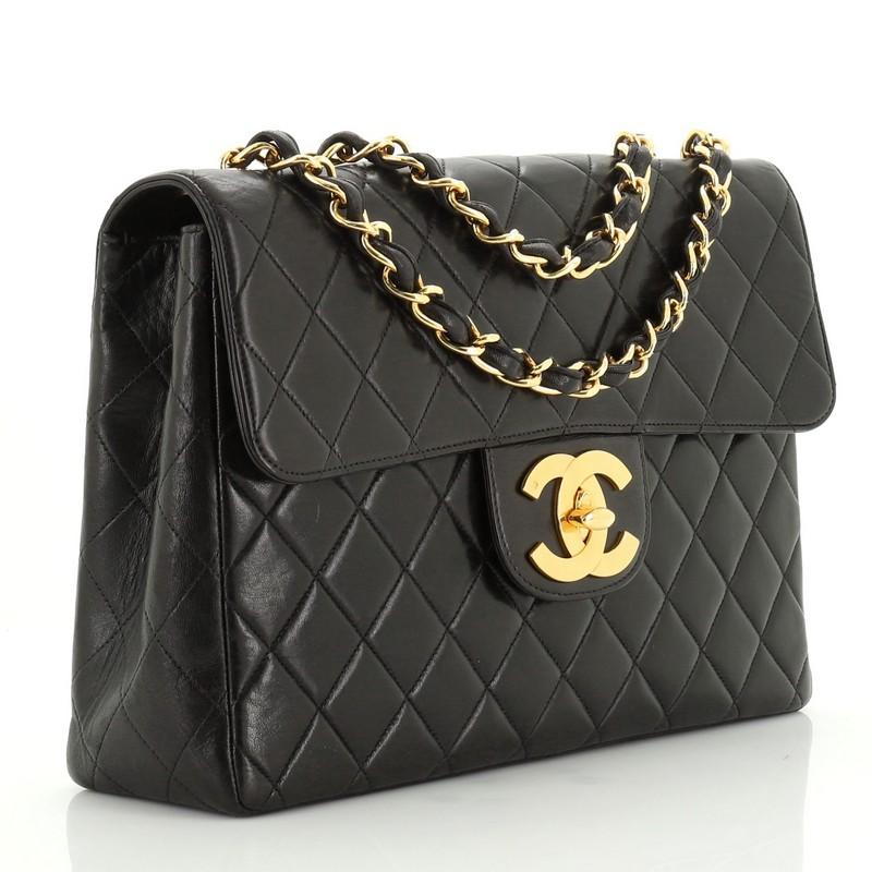 Black Chanel Vintage Classic Single Flap Bag Quilted Lambskin Jumbo 