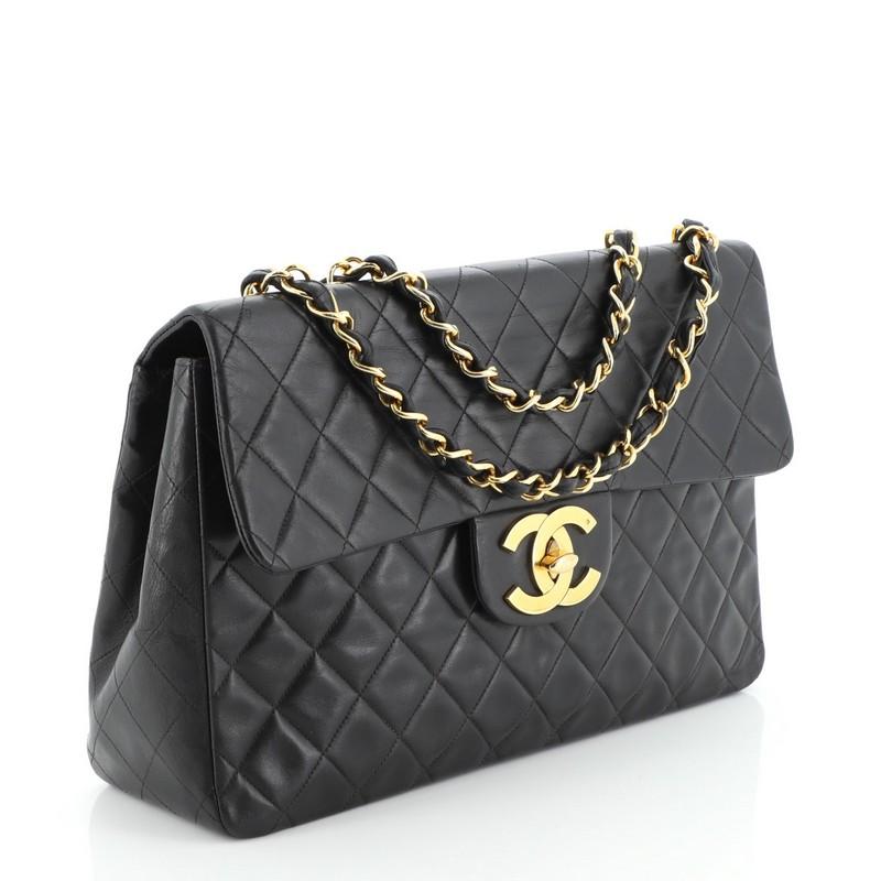 Black Chanel Vintage Classic Single Flap Bag Quilted Lambskin Maxi