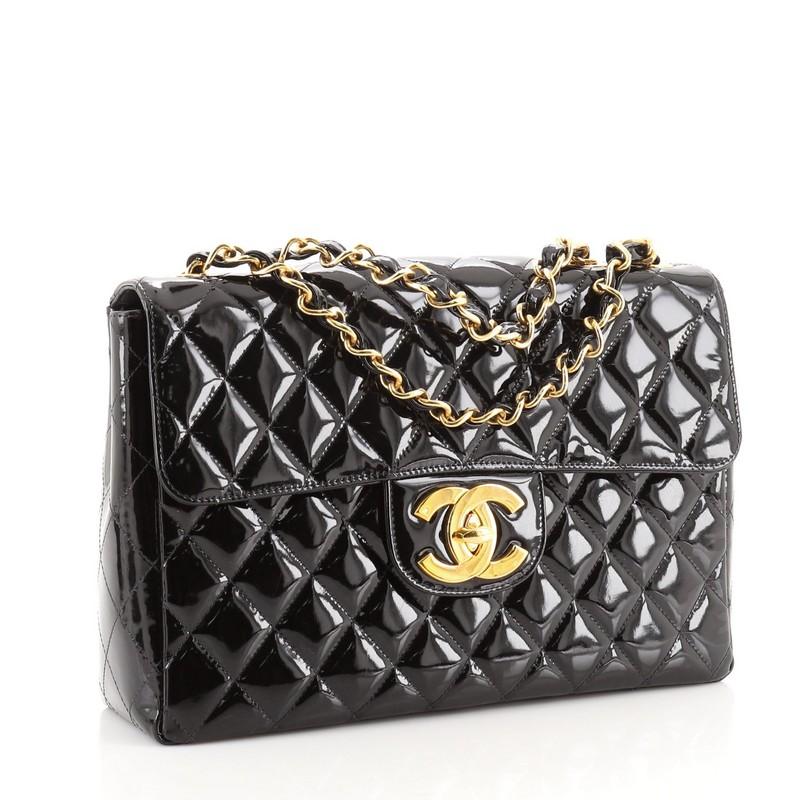 Black Chanel Vintage Classic Single Flap Bag Quilted Patent Jumbo