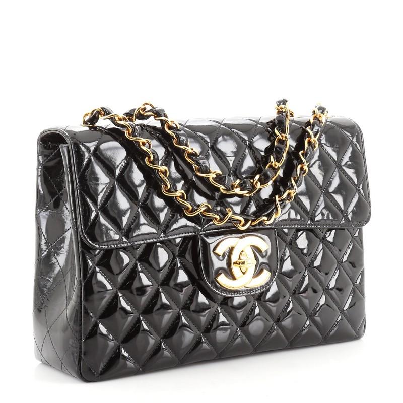 Black Chanel Vintage Classic Single Flap Bag Quilted Patent Jumbo