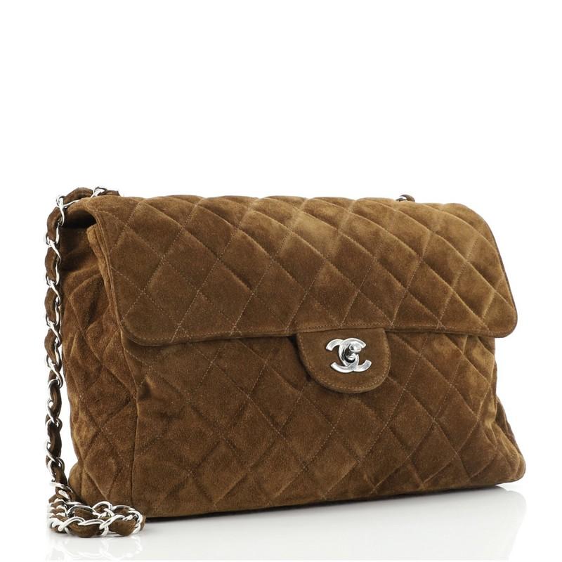 Brown Chanel Vintage Classic Single Flap Bag Quilted Suede Jumbo