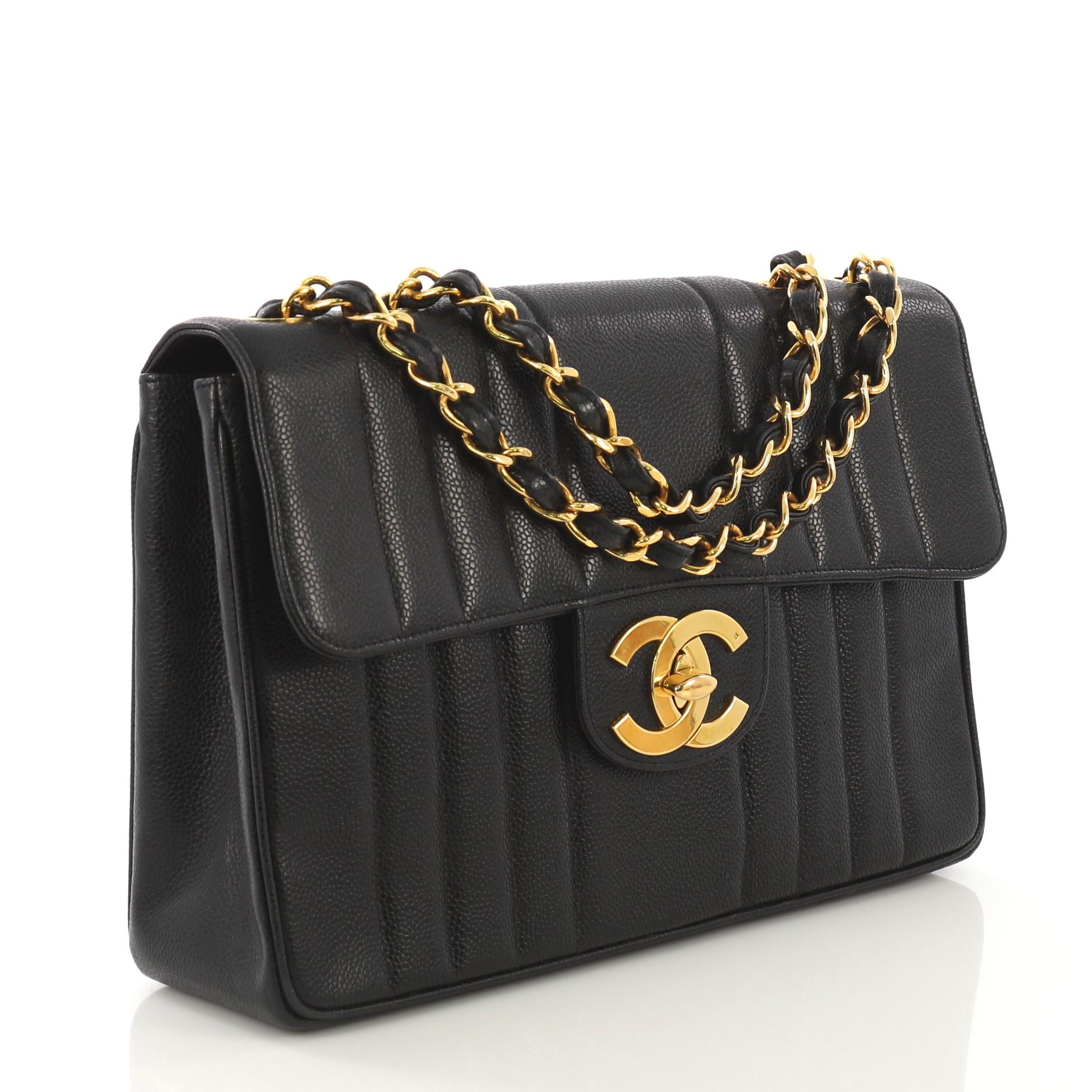 Black Chanel Vintage Classic Single Flap Bag Vertical Quilt Caviar Jumbo