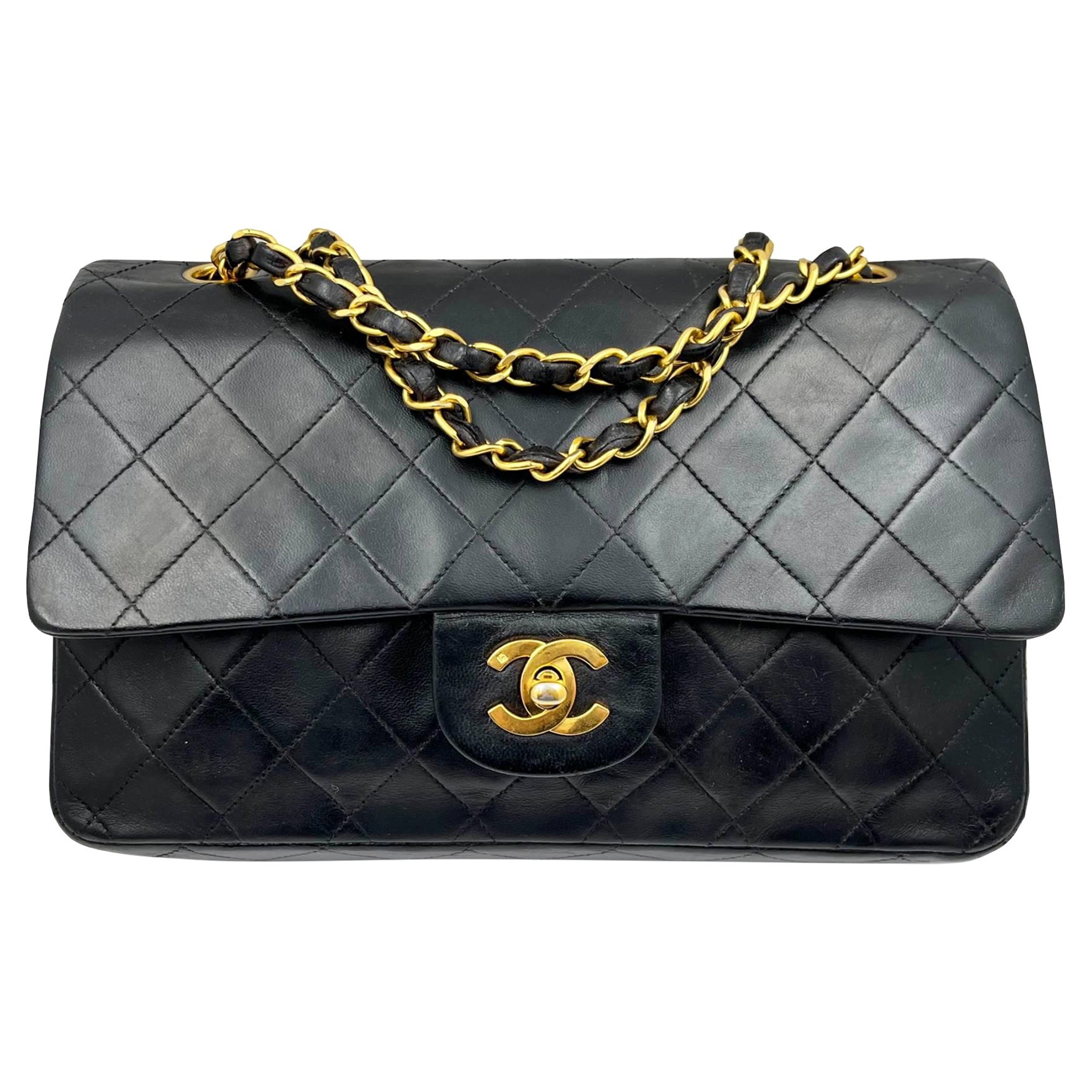 Chanel Vintage Classic Timeless Double Flap Lambskin 10″ Shoulder Bag For Sale