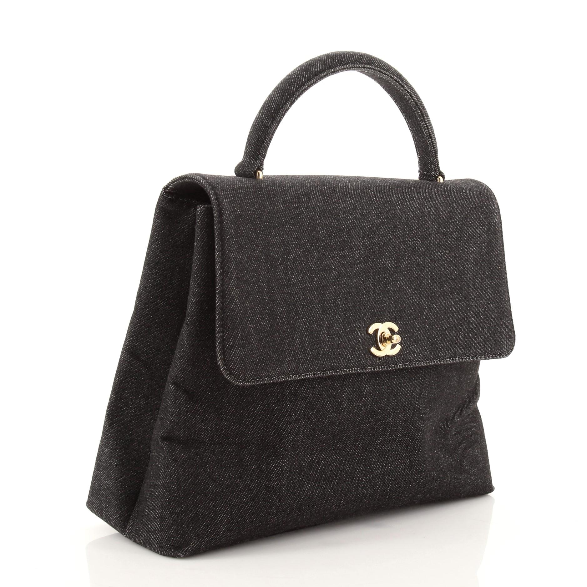 Black Chanel Vintage Classic Top Handle Flap Bag Denim Jumbo