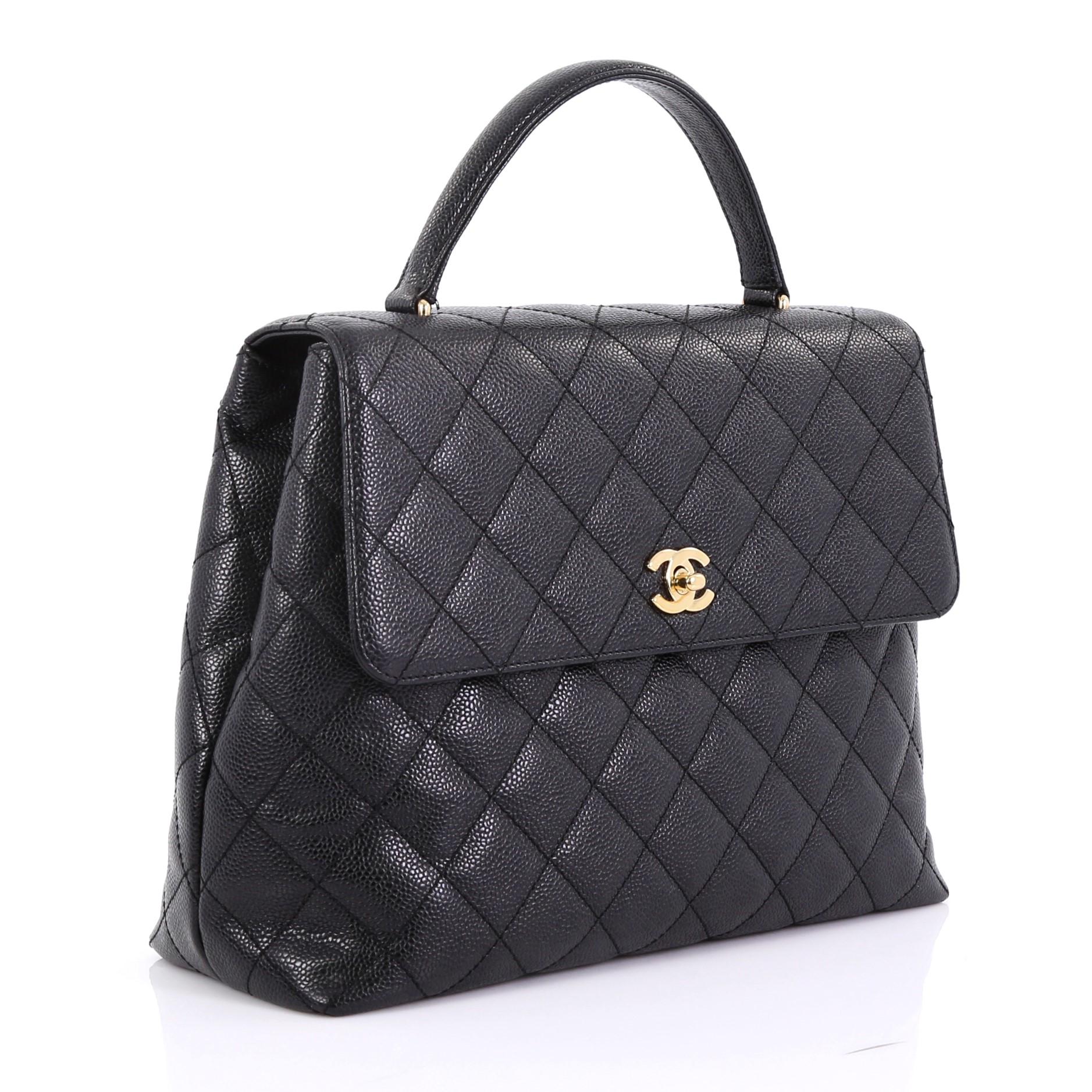 Black Chanel Vintage Classic Top Handle Flap Bag Quilted Caviar Jumbo