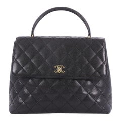 Chanel Vintage Classic Top Handle Flap Bag Quilted Caviar Jumbo