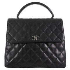Chanel Vintage Classic Top Handle Flap Bag Quilted Caviar Jumbo