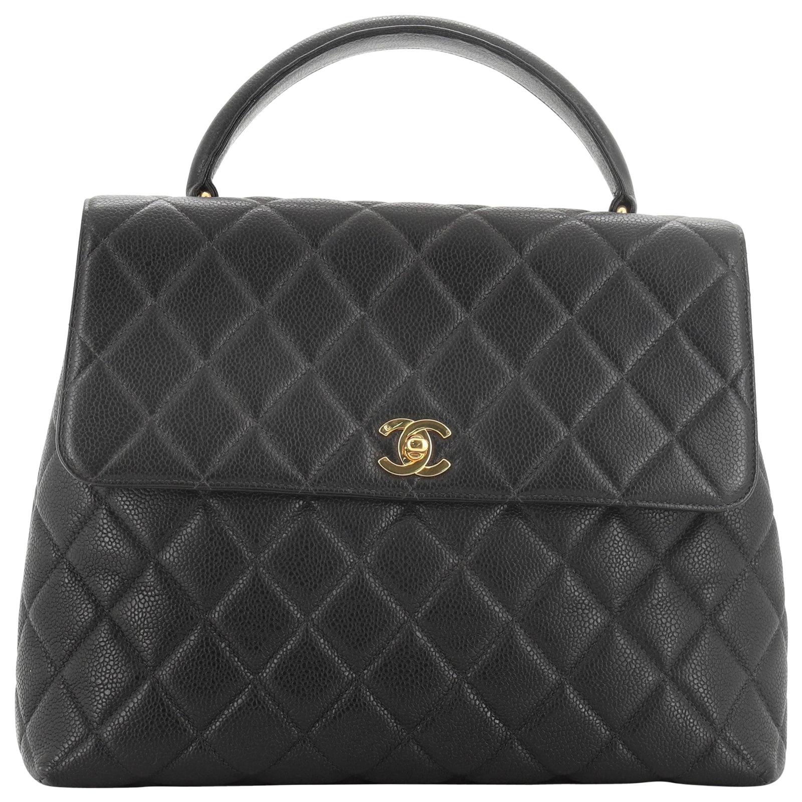 Chanel Vintage Classic Top Handle Flap Bag Quilted Caviar Jumbo at