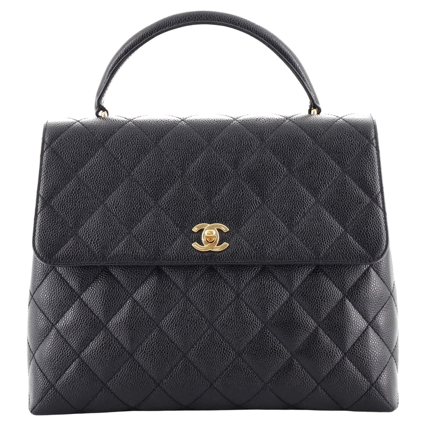 Chanel Vintage Classic Top Handle Flap Bag Quilted Caviar Jumbo