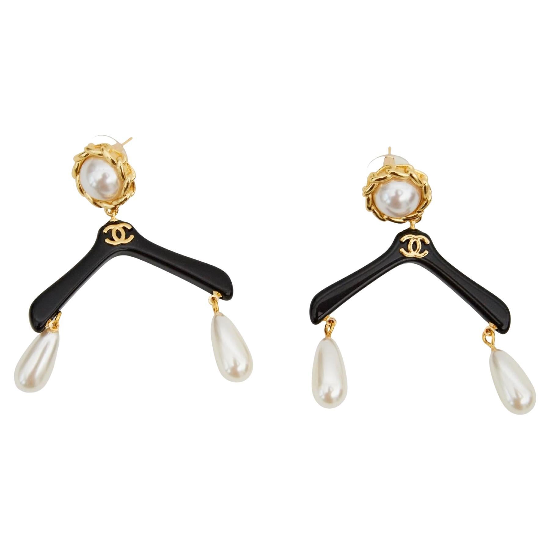 Chanel Vintage Coat Hanger Pearl Drop Novelty Earrings