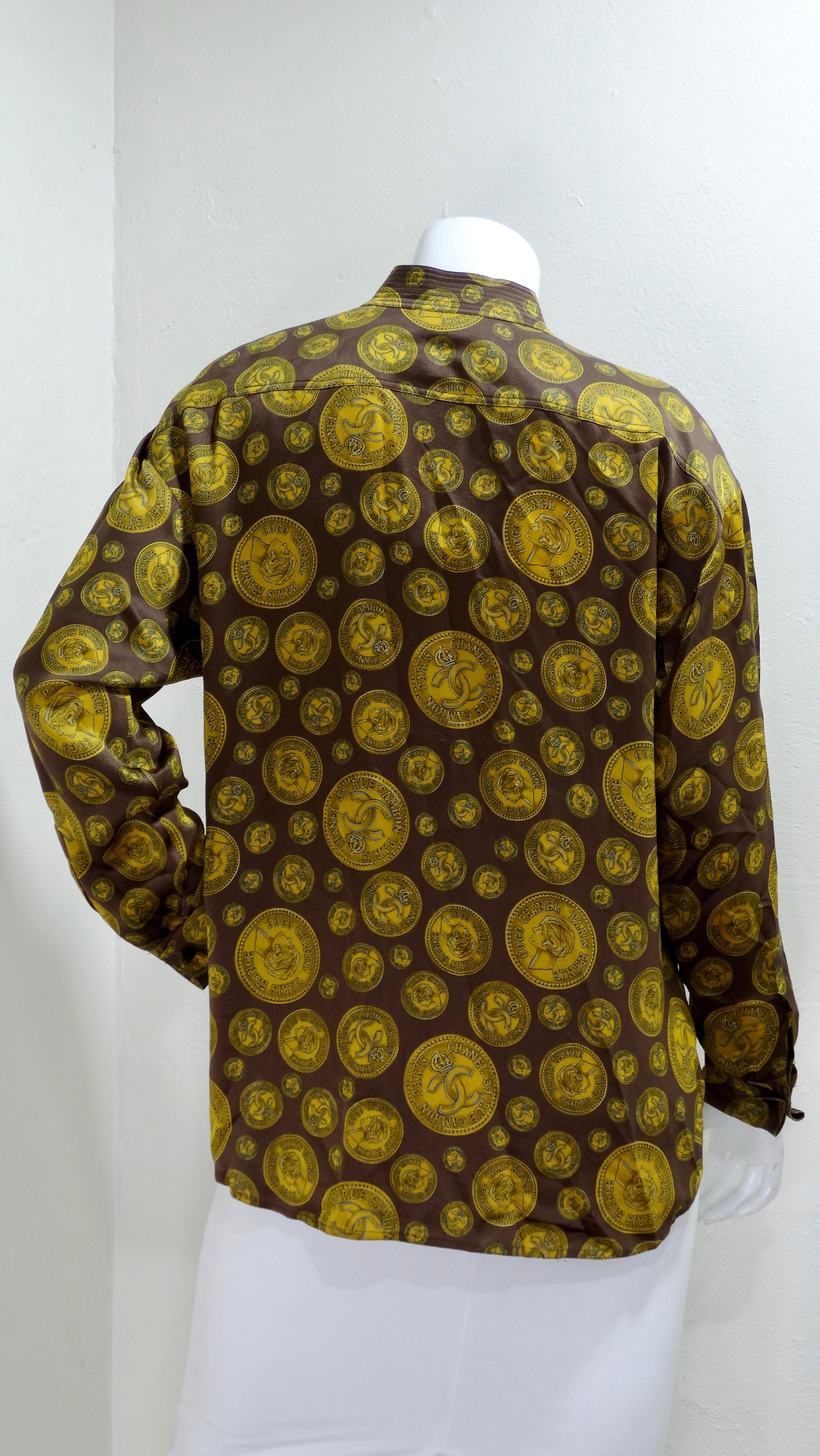 Chanel Vintage Coin Print Silk Blouse  In Good Condition For Sale In Scottsdale, AZ