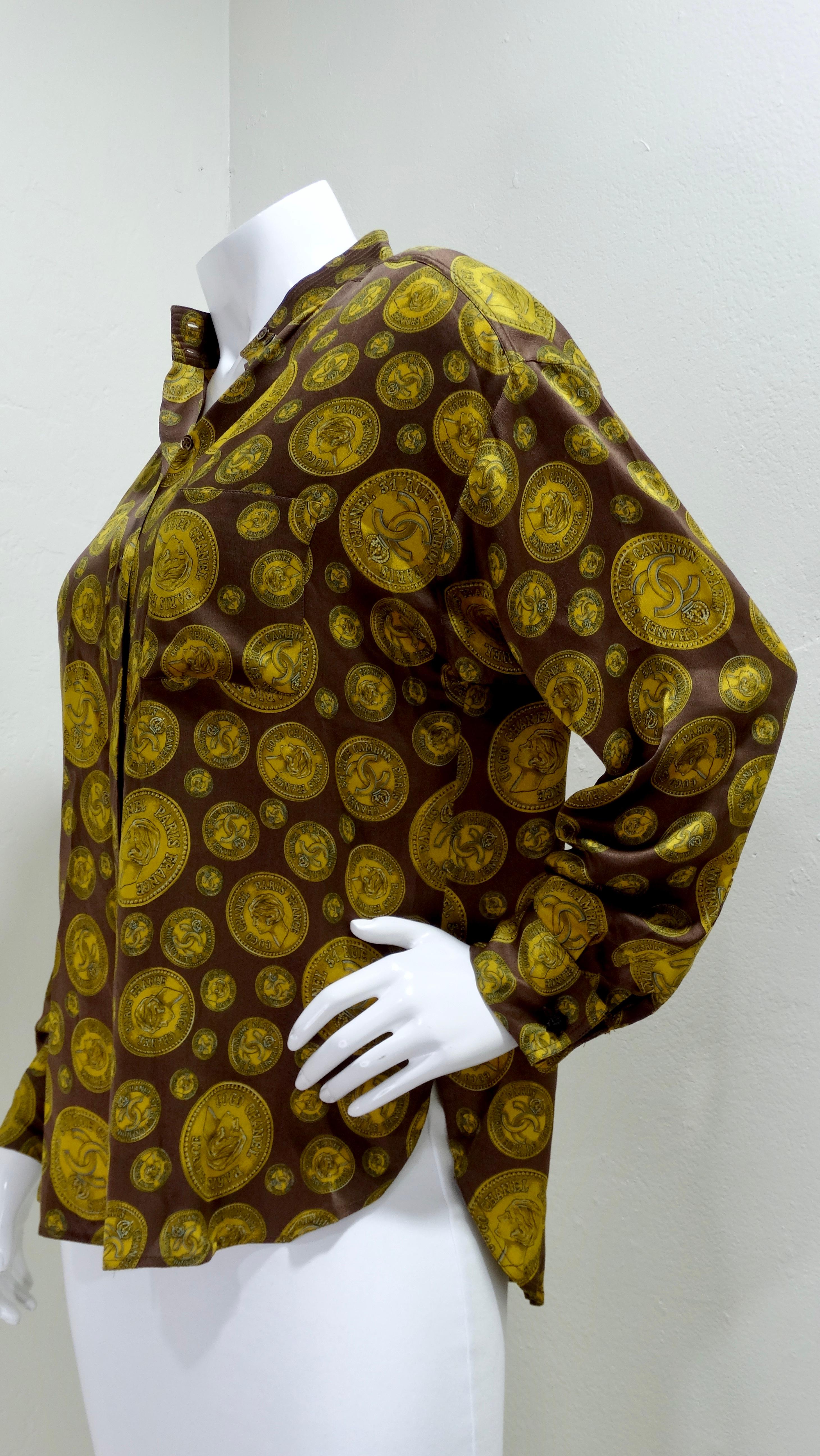 Chanel Vintage Coin Print Silk Blouse For Sale 1
