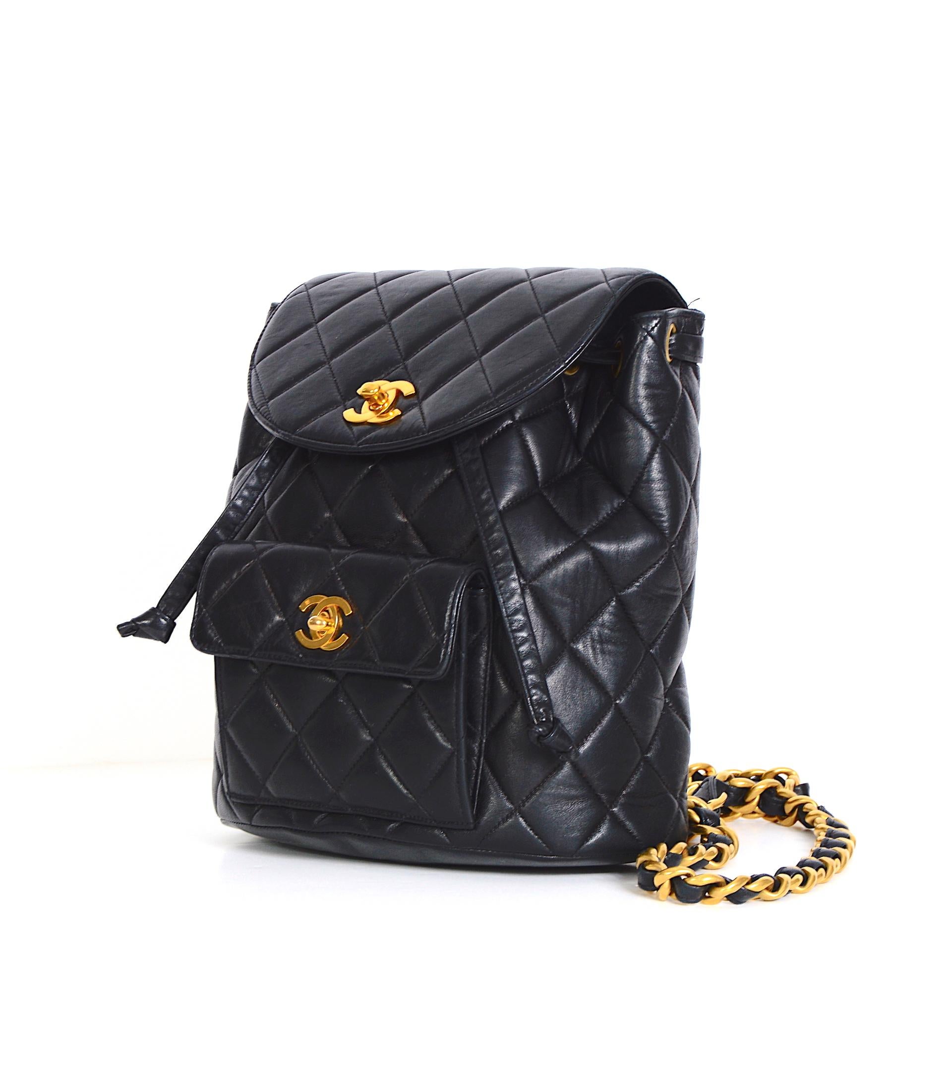 Chanel Investment Piece!
Stunning condition authentic Chanel vintage collectible 1994 quilted black lambskin Duma CC logo backpack
Item Name: Chanel Vintage Quilted Black Lambskin Duma Backpack Bag CC Logo 
Measurements:
Height: 10 in. (25.4
