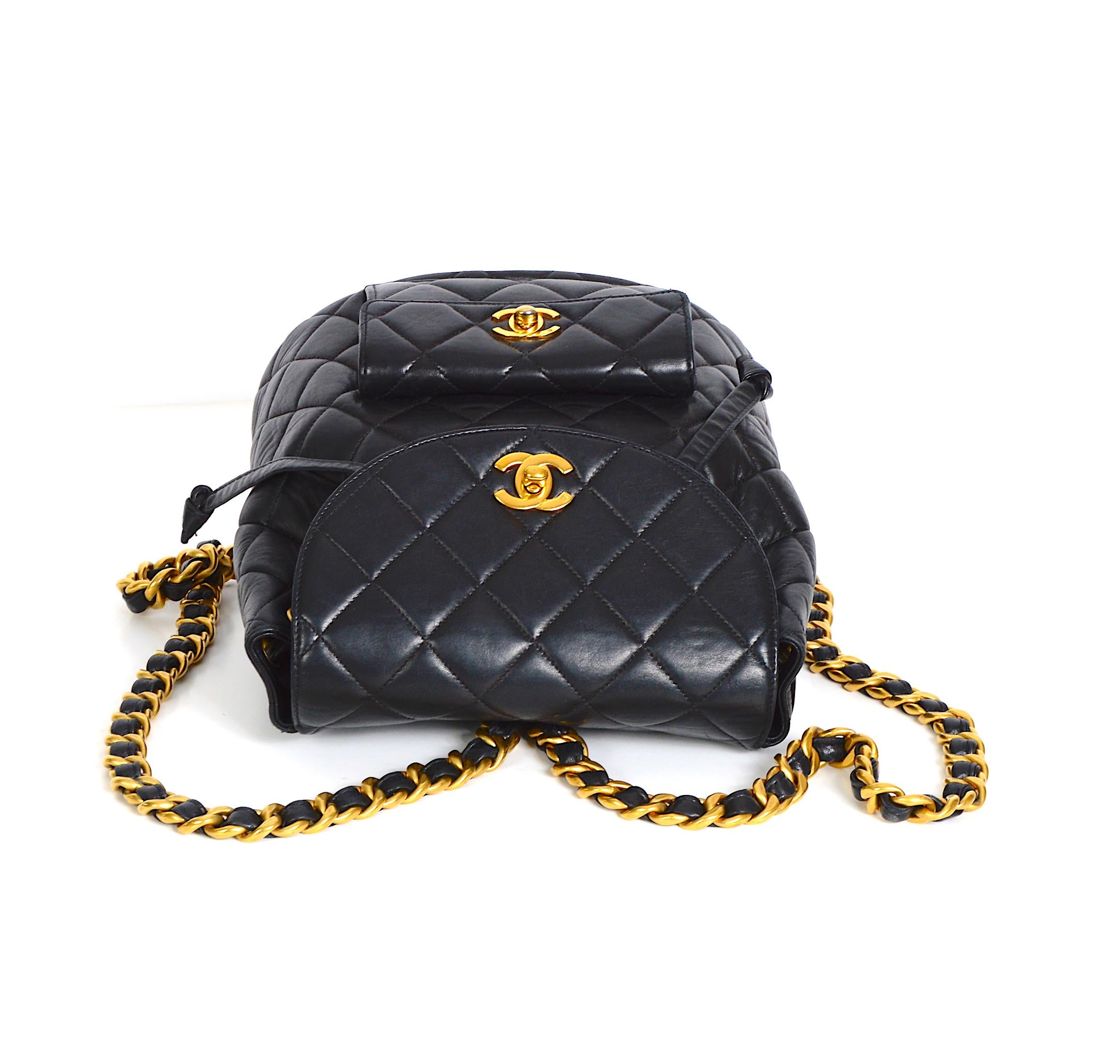 Women's or Men's Chanel vintage collectible 1994 quilted black lambskin Duma CC logo backpack
