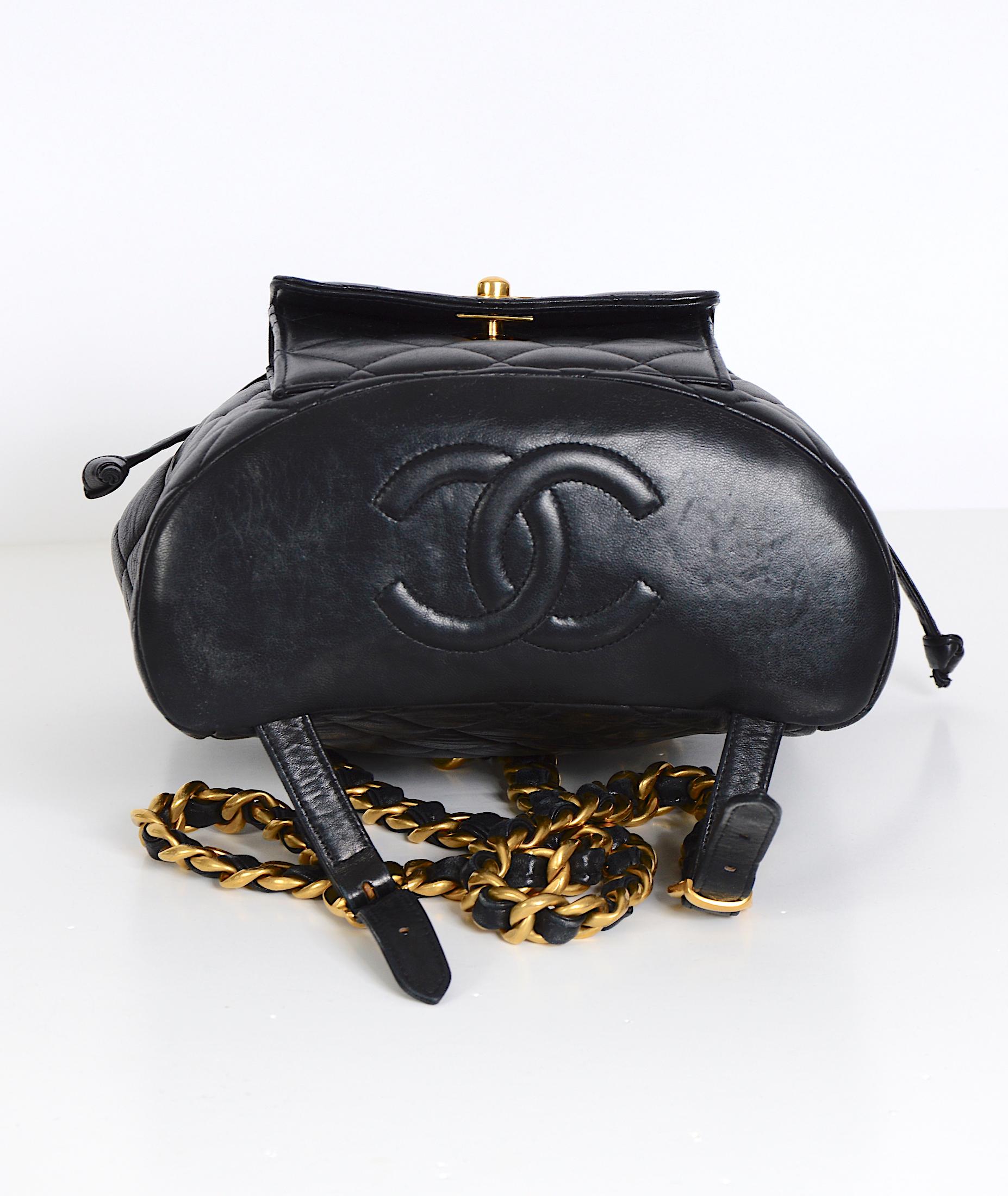 Chanel vintage collectible 1994 quilted black lambskin Duma CC logo backpack 1