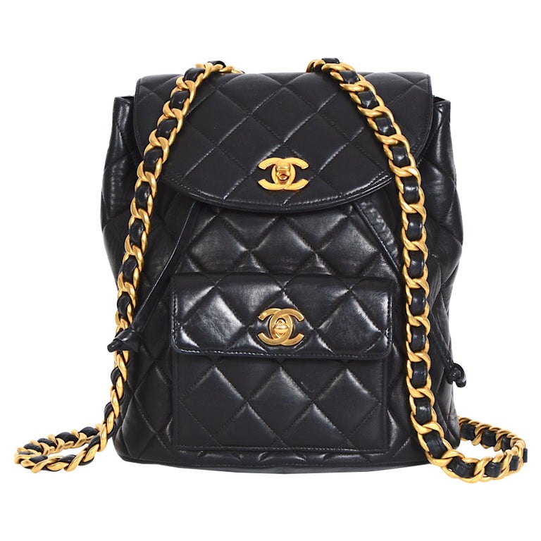 Chanel Vintage Black Quilted Lambskin Medium Duma Backpack Gold