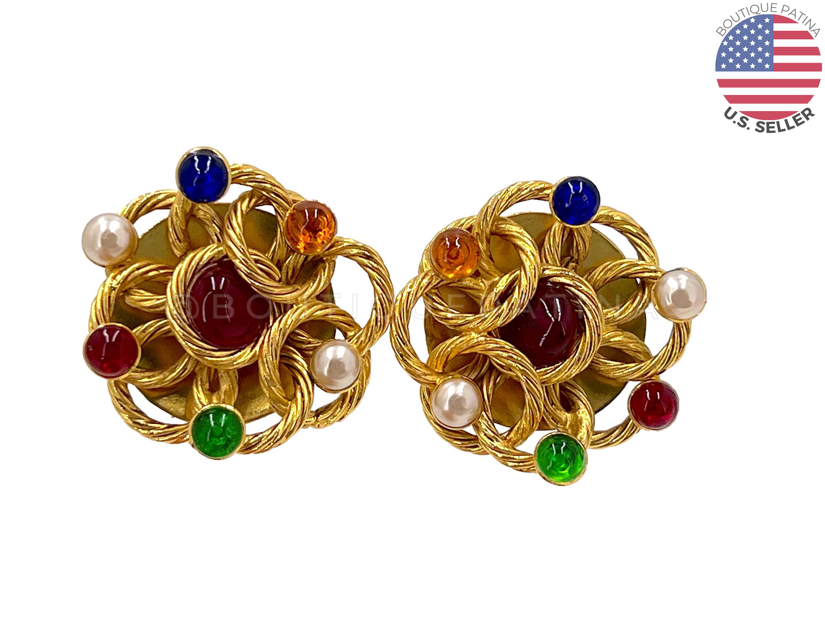 Chanel Vintage Collection 23 Colored Gripoix and Pearl Large Stud Earrings 65640 In Excellent Condition For Sale In Costa Mesa, CA