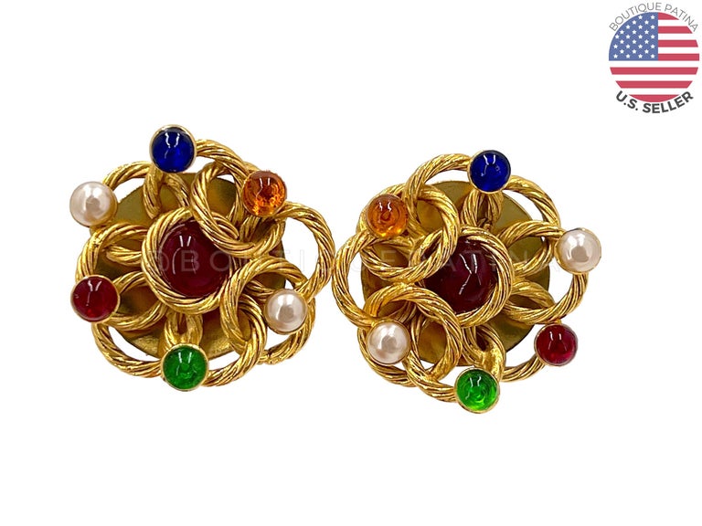 Chanel Vintage Collection 23 Colored Gripoix and Pearl Large Stud Earrings  65640
