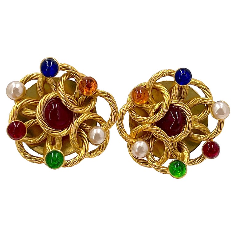 Chanel Vintage Collection 23 Coloured Gripoix and Pearl Large Stud Earrings  65640 For Sale at 1stDibs