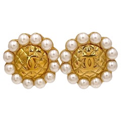 Chanel Vintage Collection 23 Pearl Framed Oversized Quilted Logo Earrings 65641